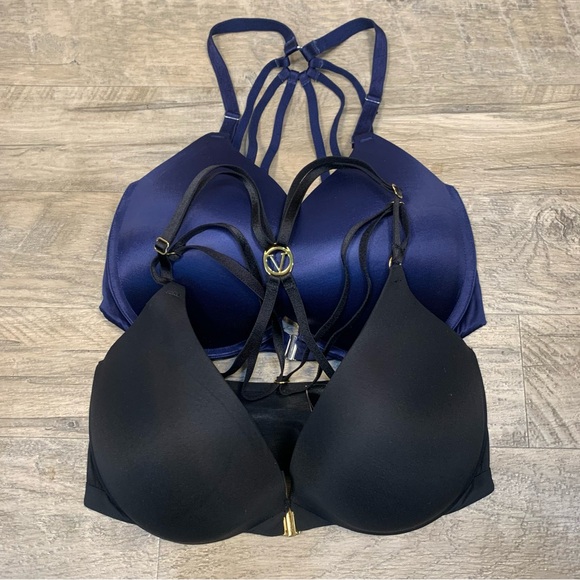 Victoria's Secret Other - Victoria Secret 2 Satin Front Snap Uplift Plunge Bras Logo Accent Strappy